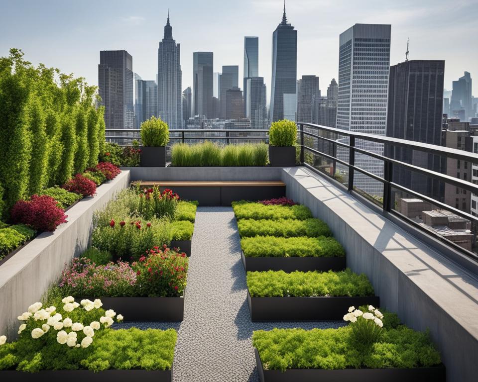 Urban rooftop garden overlooking the city skyline